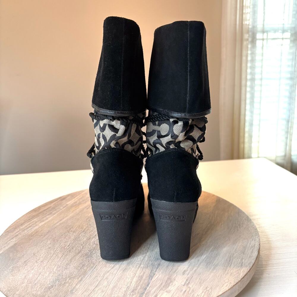 Coach Signature Logo Lace Up Wedge Winter Boots Black Suede Canvas Women's 7.5 - Picture 6 of 10